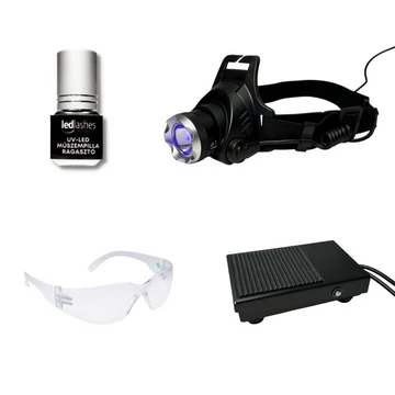 LedLashes UV-LED Szempillaépítő Fejlámpa Pro-Master 5g ragasztóval (lámpa+ragasztó+szemüveg+videós tananyag)