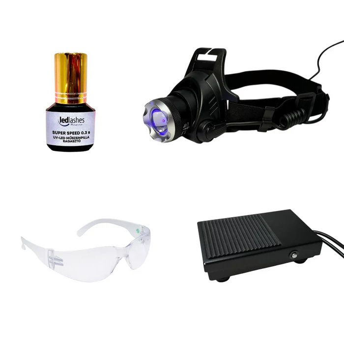 LedLashes UV-LED Szempillaépítő Fejlámpa Super Speed 0.3 s 5g ragasztóval (lámpa+ragasztó+szemüveg+videós tananyag)