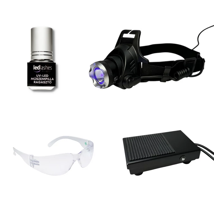 LedLashes UV-LED Szempillaépítő Fejlámpa Pro-Master 5g ragasztóval (lámpa+ragasztó+szemüveg+videós tananyag)